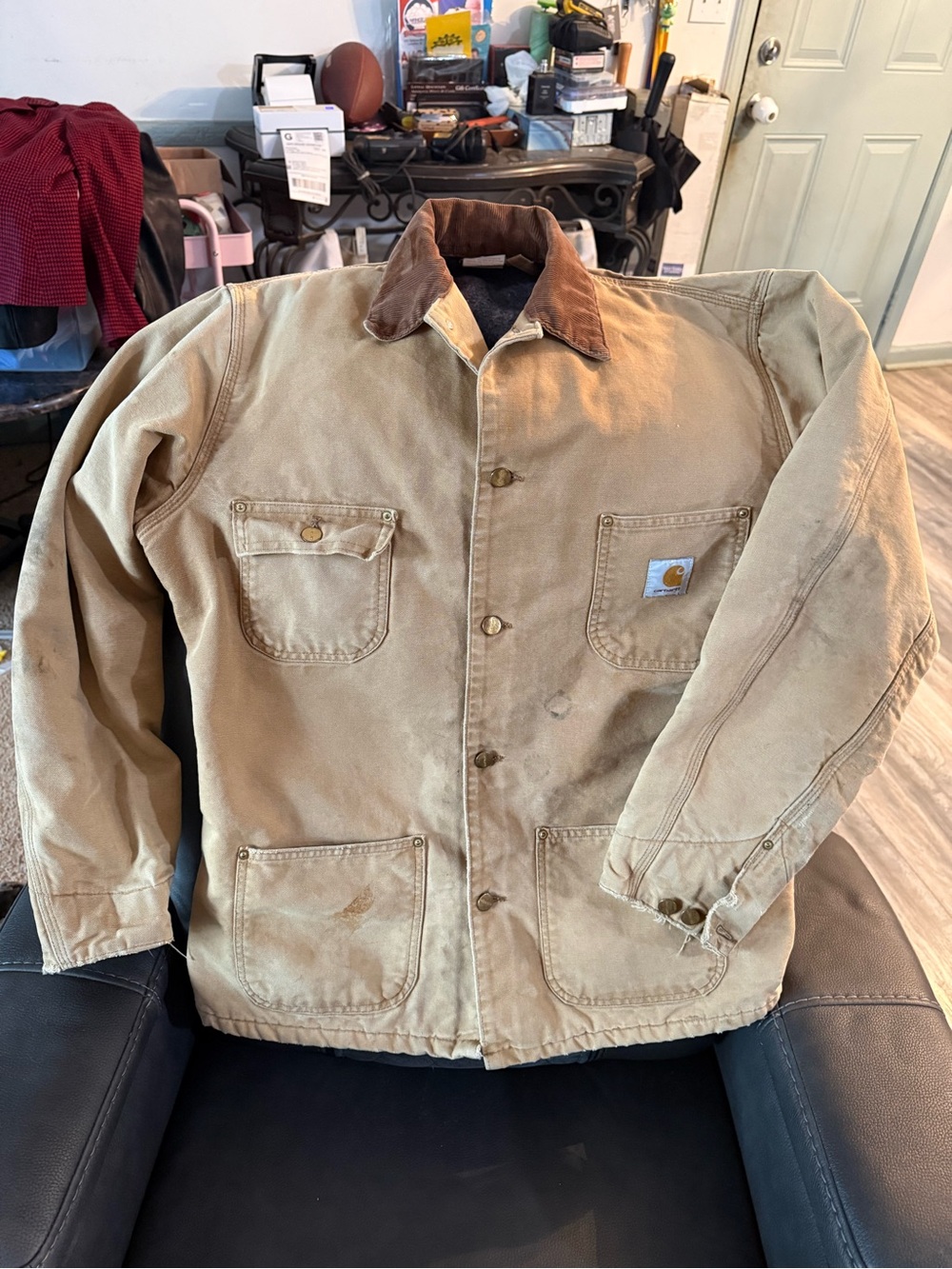 Carhartt Tan Duck Canvas Field Jacket with Brown Corduroy Collar- Size 40tall